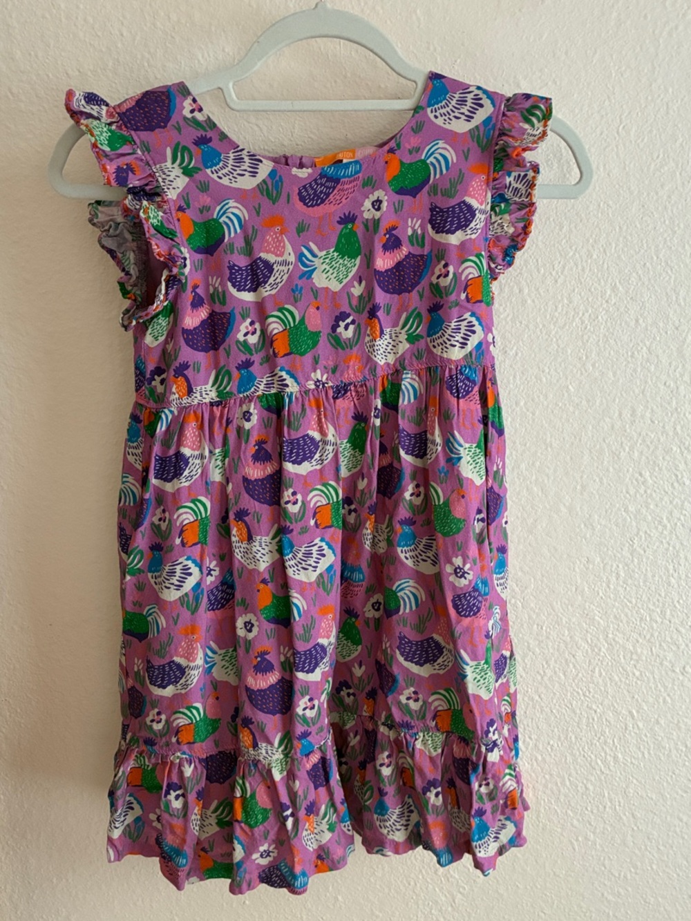 Girls' Purple Rooster-Print Ruffle Sleeve Dress